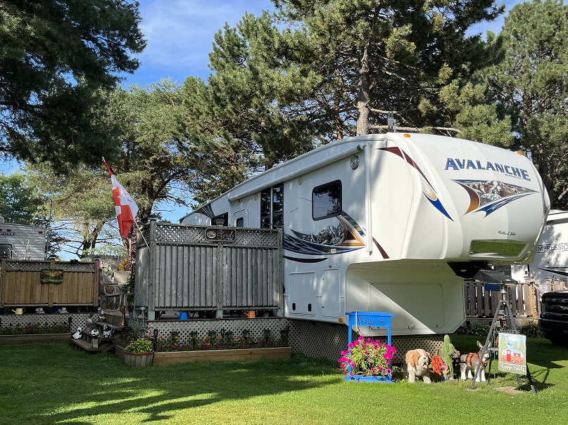 Full-service RV site with trees and grass