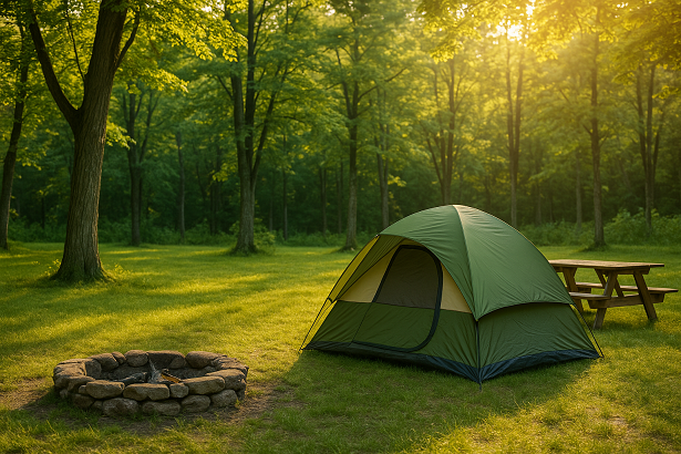 Full-service RV site with trees and grass